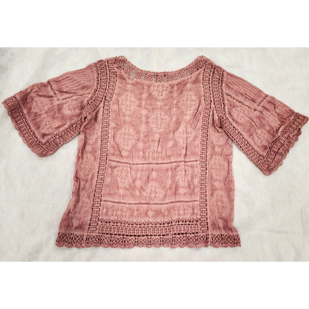 Democracy Womens Blouse M Pink Crochet Lace Boho Peasant Festival Top - Picture 3 of 10